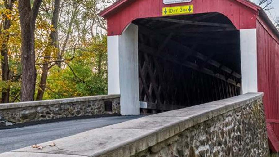 Covered stone bridge in Bucks County, PA