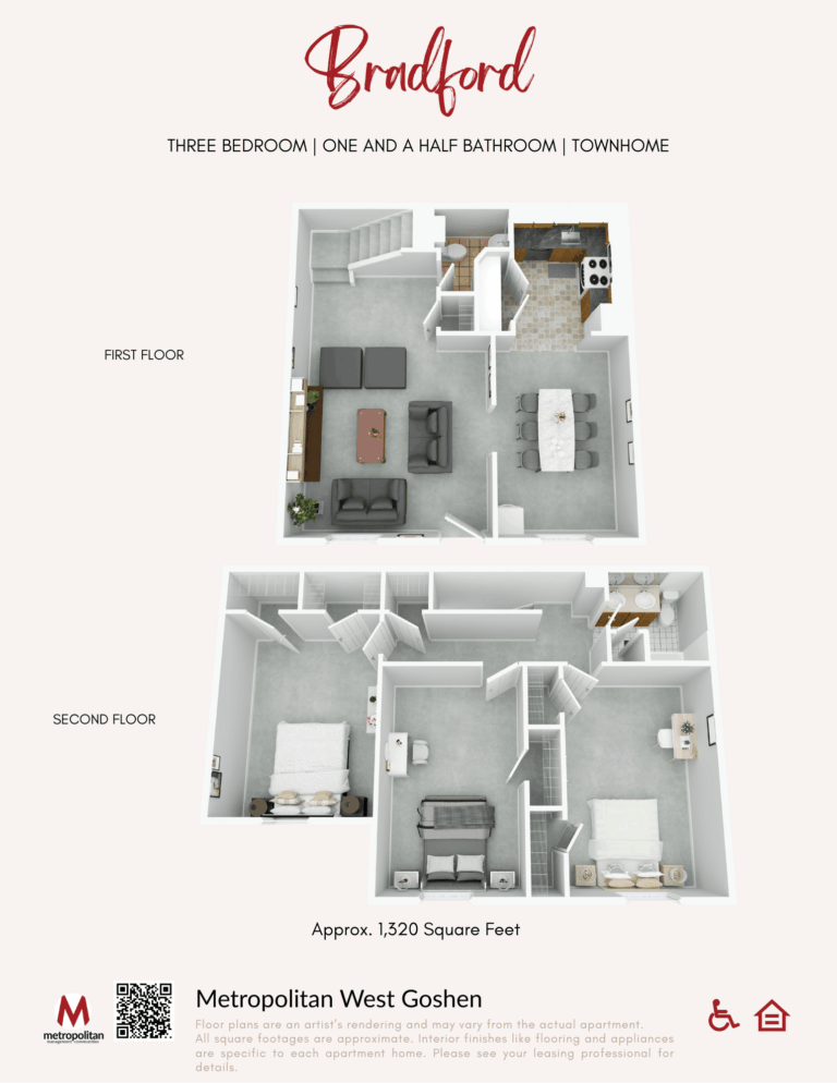 Floor plan of the Bradford townhome at The Metropolitan West Goshen in West Goshen, PA, showing two levels: the first floor includes a living room, dining area, kitchen, and half bathroom, while the second floor features three bedrooms and a full bathroom, totaling approximately 1,320 square feet.