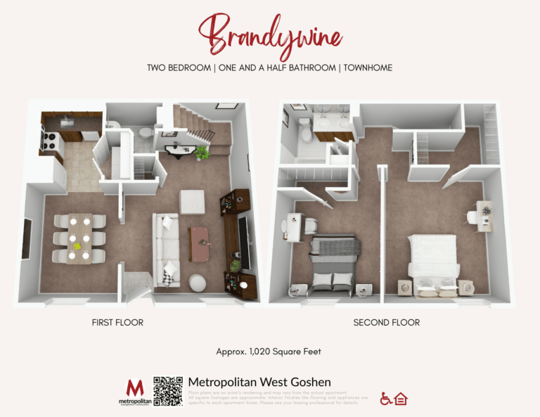 Floor plan of the Brandywine townhome at The Metropolitan West Goshen in West Goshen, PA, showing two levels: the first floor includes a living room, dining area, kitchen, and half bathroom, while the second floor features two bedrooms and a full bathroom, totaling approximately 1,020 square feet.