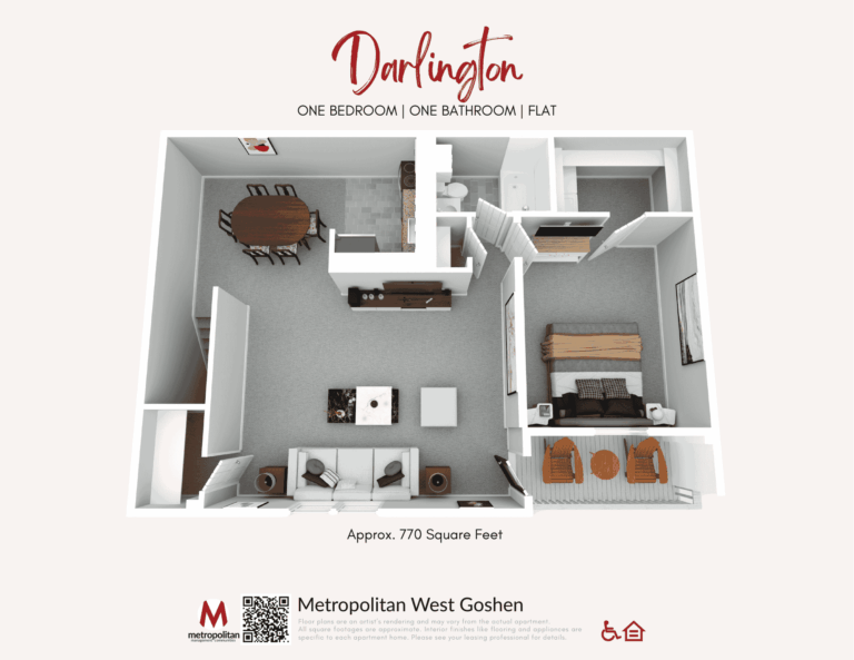 Floor plan of the Darlington flat at The Metropolitan West Goshen in West Goshen, PA, showing a one-bedroom, one-bathroom layout with a spacious living room, dining area, kitchen, and approximately 770 square feet of space.