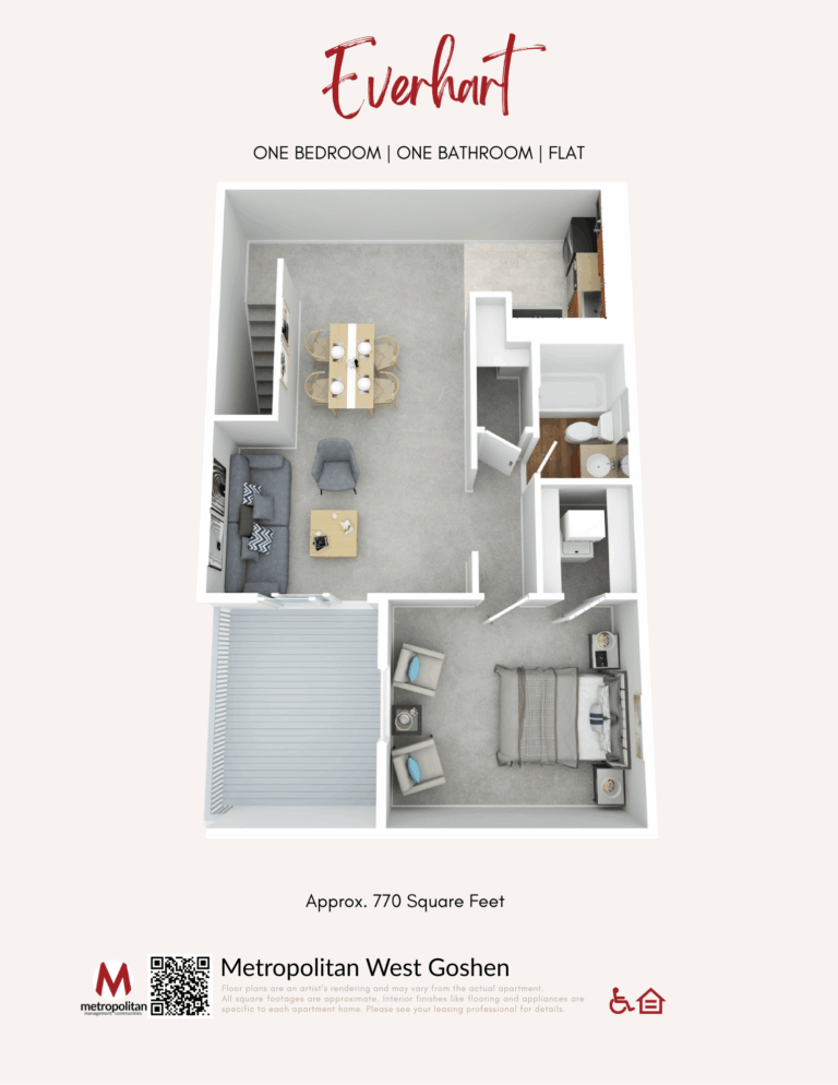 Floor plan of the Everhart flat at The Metropolitan West Goshen in West Goshen, PA, showing a one-bedroom, one-bathroom layout with a living room, dining area, kitchen, and approximately 770 square feet of space.