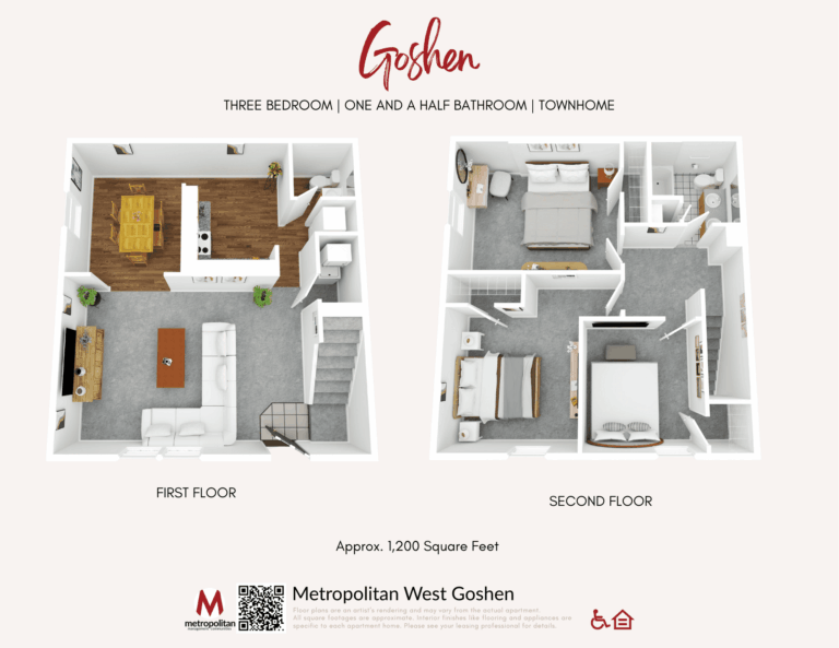 Floor plan of the Goshen townhome at The Metropolitan West Goshen in West Goshen, PA, showing two levels: the first floor includes a living room, dining area, kitchen, and half bathroom, while the second floor features three bedrooms and a full bathroom, totaling approximately 1,200 square feet.