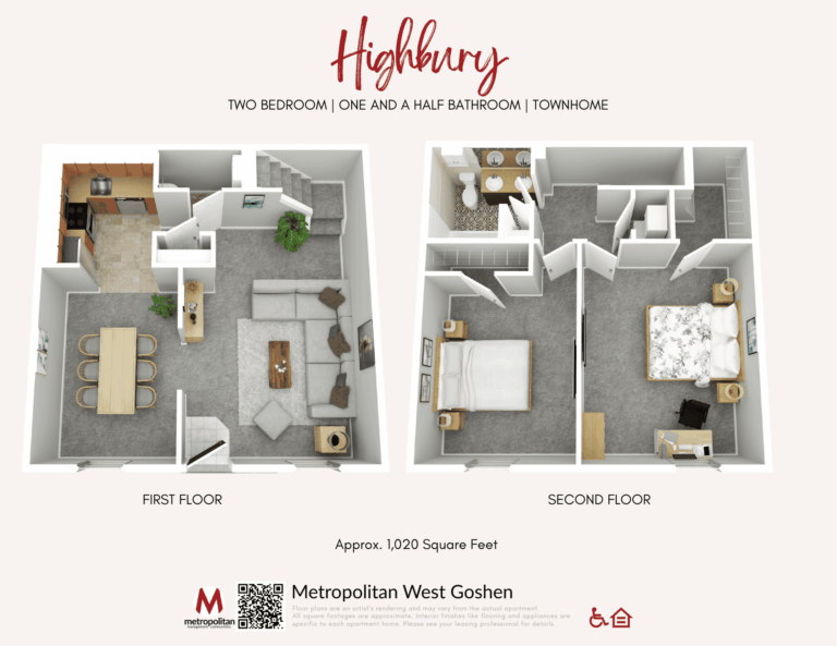 Floor plan of the Highbury townhome at The Metropolitan West Goshen in West Goshen, PA, showing two levels: the first floor includes a living room, dining area, kitchen, and half bathroom, while the second floor features two bedrooms and a full bathroom, totaling approximately 1,020 square feet.