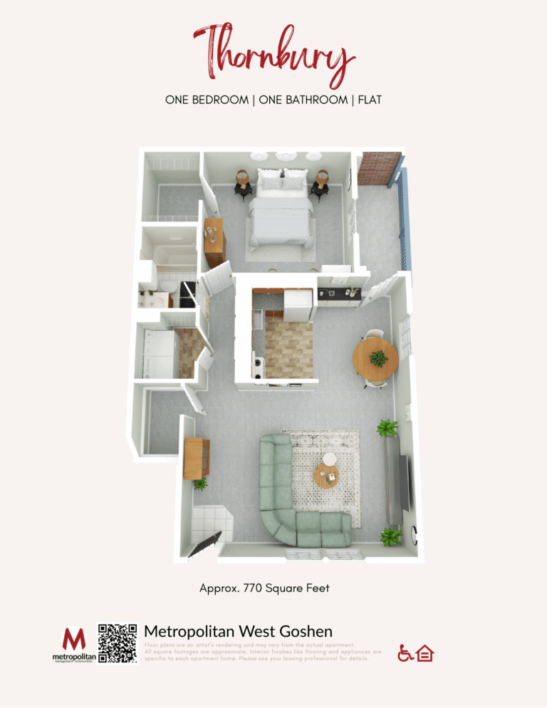 Floor plan of the Thornbury flat at The Metropolitan West Goshen in West Goshen, PA, showing a one-bedroom, one-bathroom layout with an open living room, dining area, kitchen, and approximately 770 square feet of space.